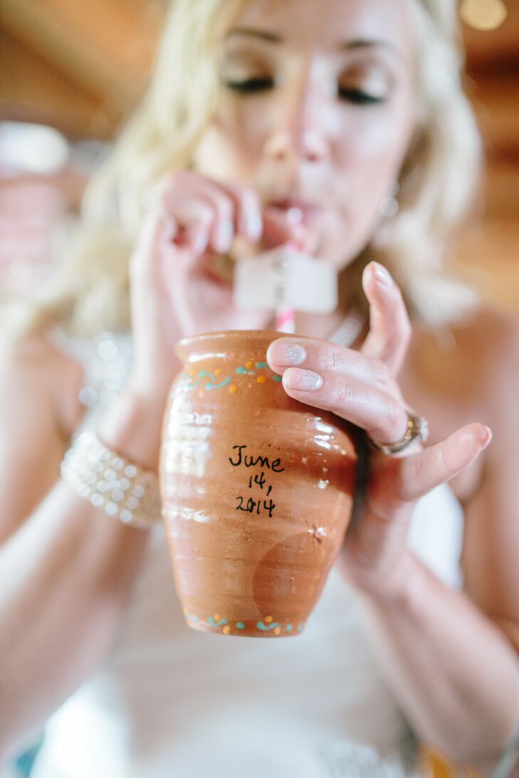 Bride with Signature Cocktail in Ceramic Glass