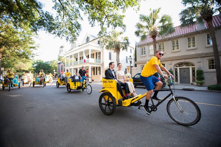 To get their guests from the ceremony to the reception, Helen and Glenn hired a fleet of bike taxis. The unique transportation option allowed the couple's guests to do a bit of sight-seeing.