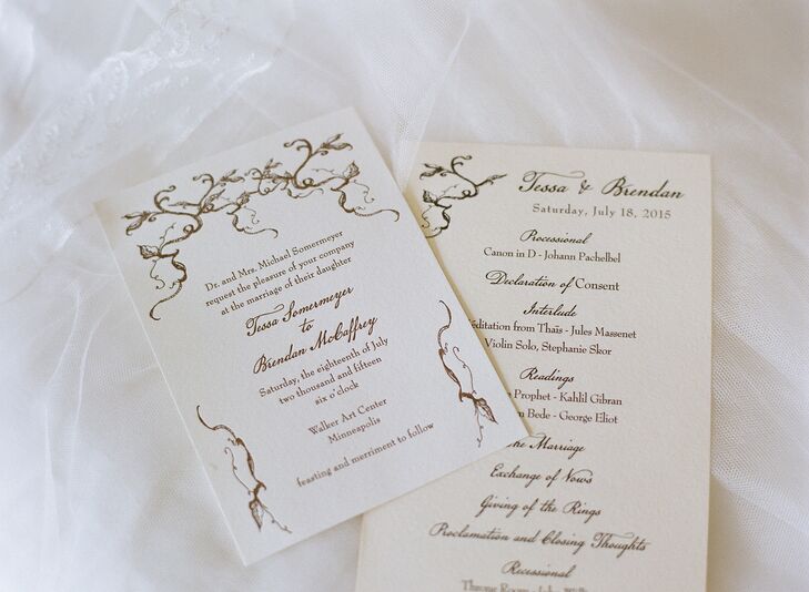 Epitome Papers created Tessa and Brendan's invitations. They used an ivory-colored paper with chocolate brown ink to give it an antique fairytale-book feel. Leafy branch motifs set the tone for the rustic theme.