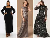 collage of three elegant winter mother-of-the-bride dresses