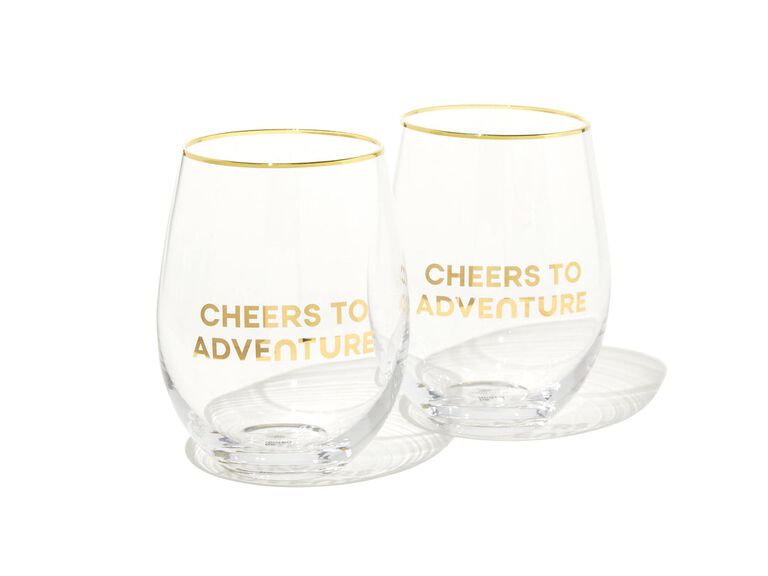 Gold foil Cheers to Adventure stemless wine glasses gift idea for wedding