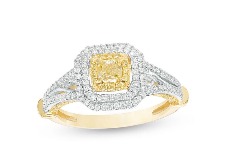 zales cusion cut yellow two tone diamond engagement ring with triple halo first yellow gold halo of round yellow diamonds second and third white gold halo of round white diamonds diamond encrusted split sides and plain yellow gold band