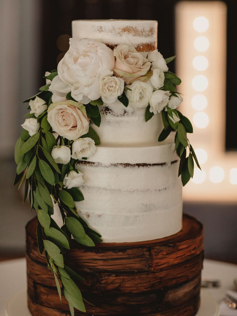 rustic fall wedding cake with buttercream icing, painted faux wood design and blush roses 