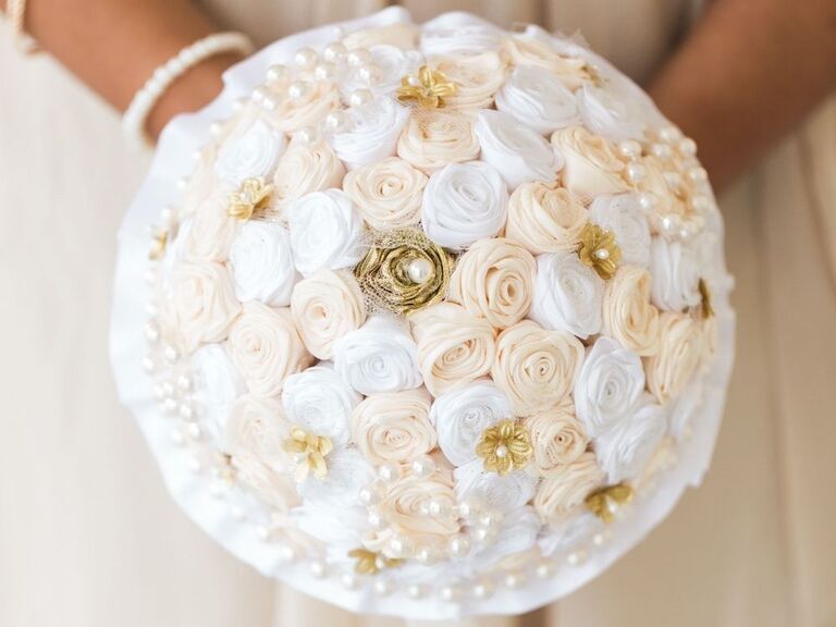 non-floral wedding bouquet made with floral rosettes 