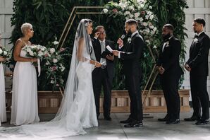 Modern Ceremony with Gold Geometric Wedding Arch at The Meadows at Mossy Creek in Cleveland, Georgia