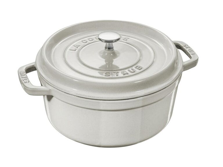 staub 5.5 qt cast iron round dutch oven with lid in grey white