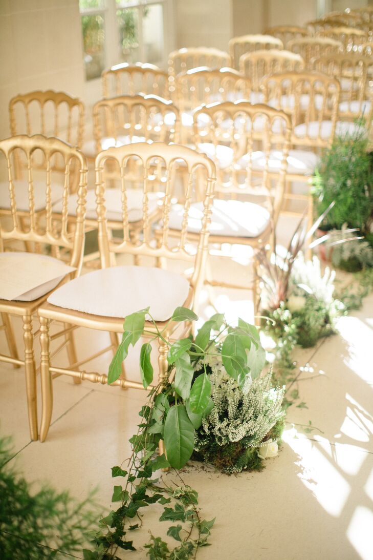 Gold Ceremony Chairs and Organic Vine Aisle Runner