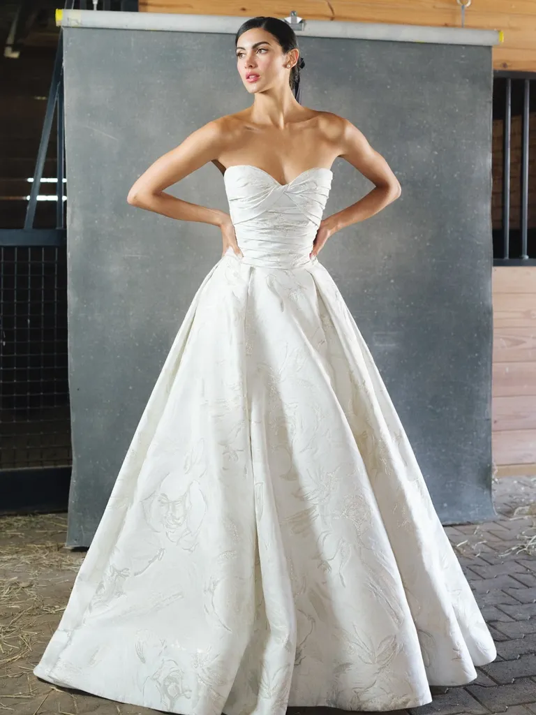 pleated strapless a-line gown with floral pattern