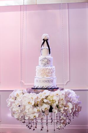 White Fondant Cake with Crystals and Flowers