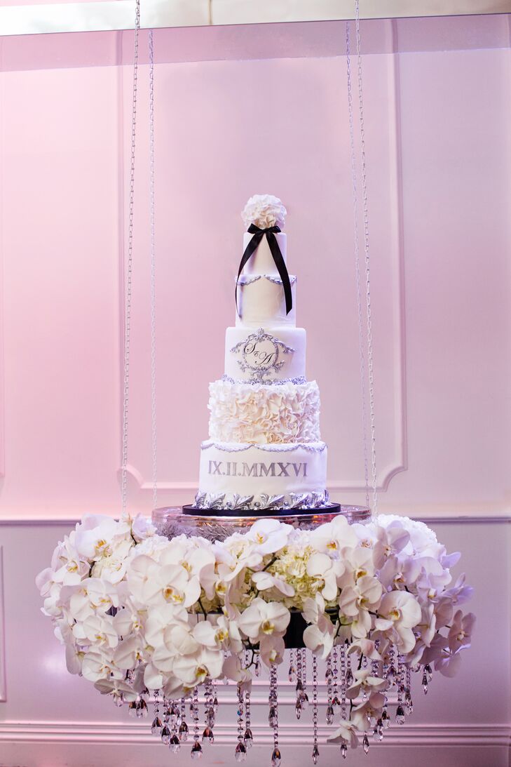 White Fondant Cake with Crystals and Flowers