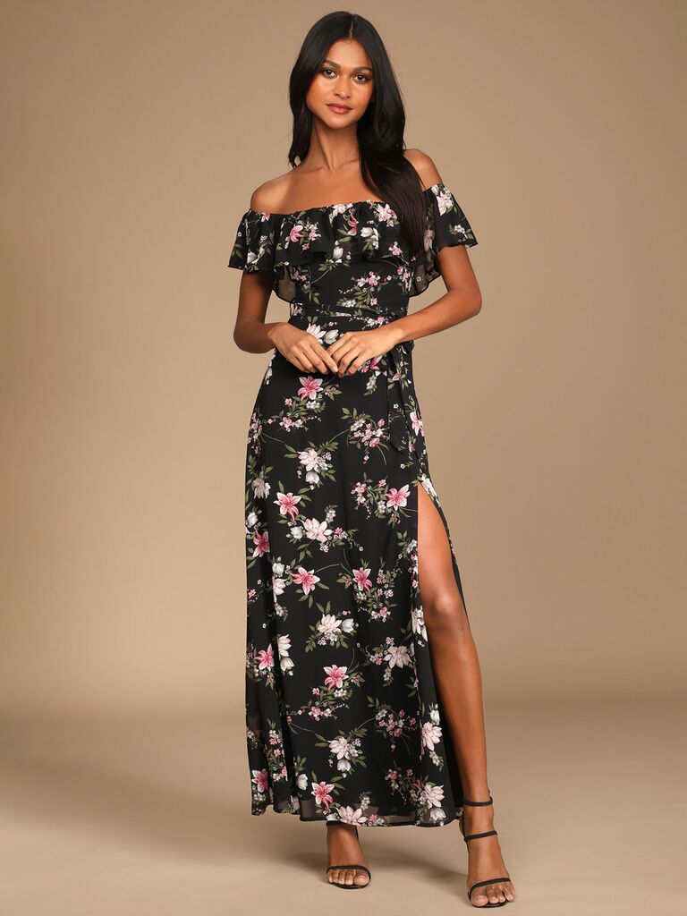 Lulus off-the-shoulder black floral print wedding guest dress