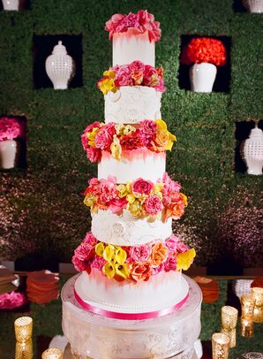 Tall Five-Tier Cake with Bright Calla Lilies, Peonies and Ranunculus