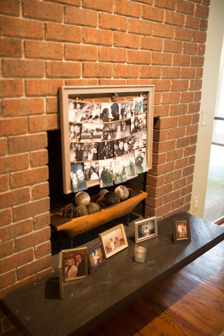 Mandy created a black-and-white photo display using wooden frames she painted and distressed and twine for hanging the photos.