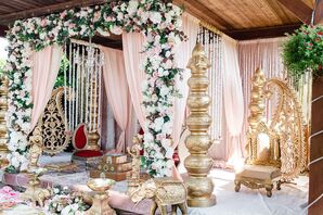 Mandap With Blush Draping and Gold Pillars
