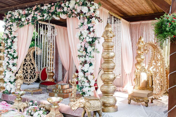 Mandap With Blush Draping and Gold Pillars