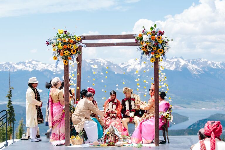 Sunflower-clad mandap for Indian wedding in the mountains