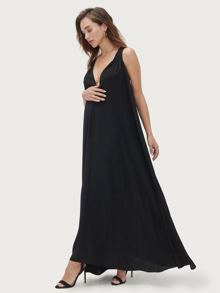 Hatch Collection petite black maternity wedding guest dress with convertible neckline and removable sash