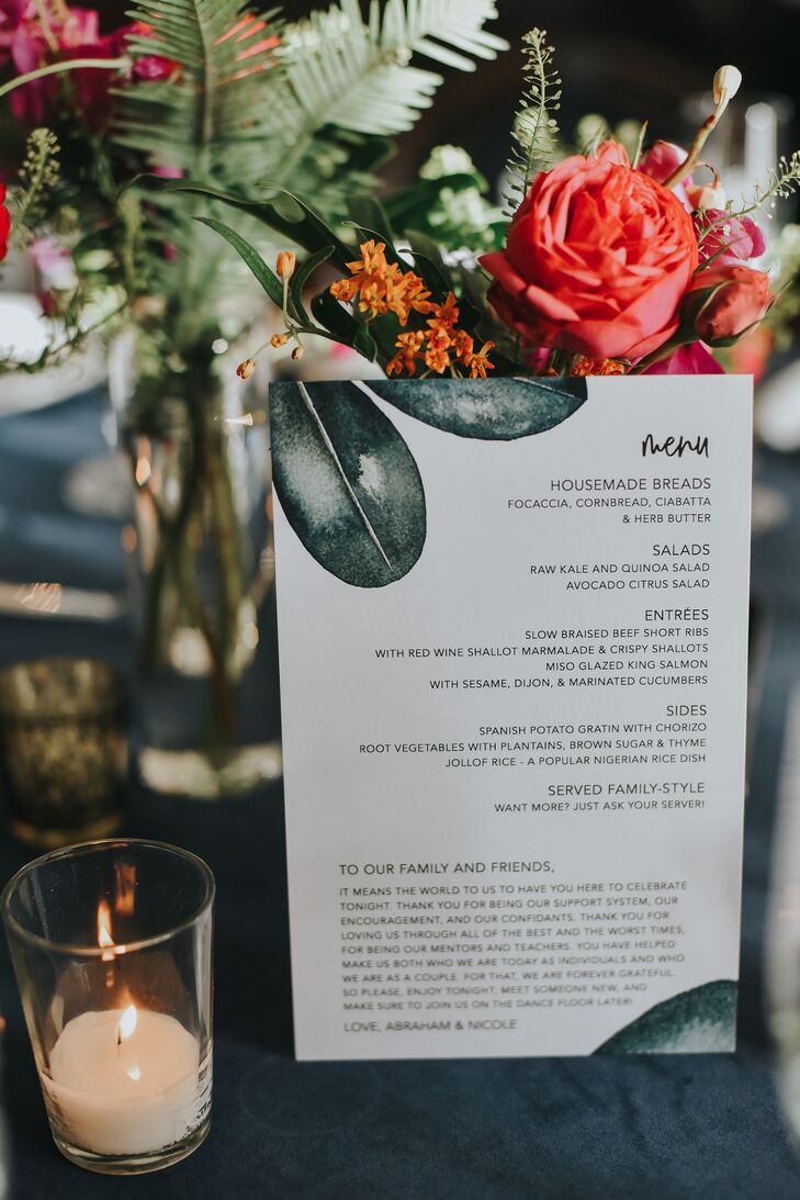 Tropical Menu Card for Reception at Ebell Long Beach in California