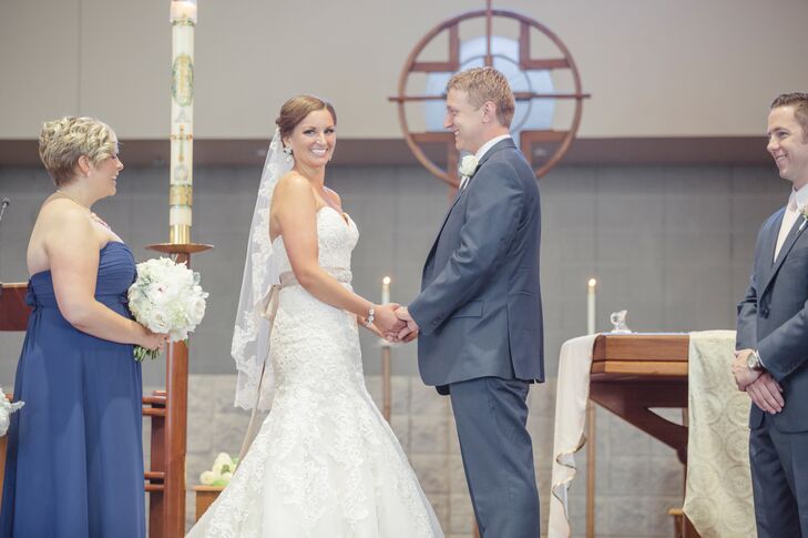 Tricia and David's traditional Catholic wedding Mass was at the church they attended. "Our priest made the ceremony so personal," Tricia says.