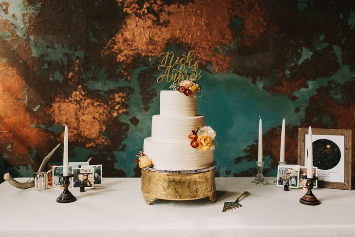 Buttercream Cake with Personalized Topper and Gold Stand