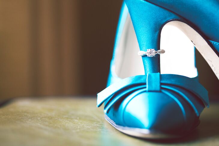 Ashley completed her classic, glam bridal look with a pair of blue, satin heels found on eBay.