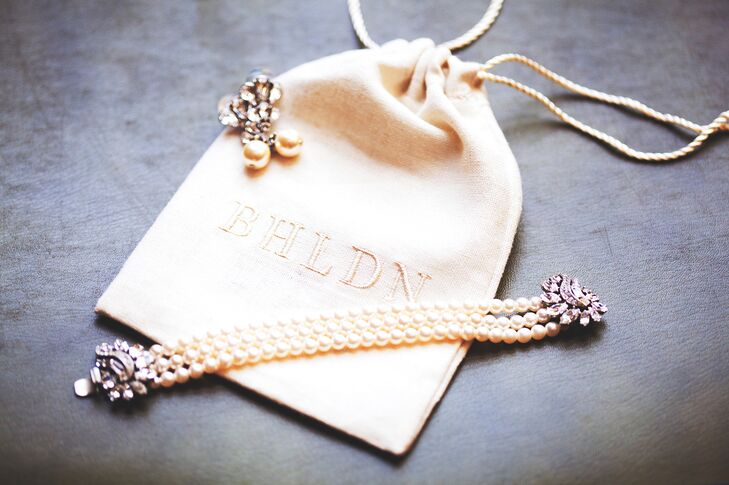 A simple, pearl bracelet from BHLDN completed Ashley's glam wedding day look.
