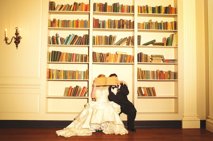 Bride and Groom Posing with Books