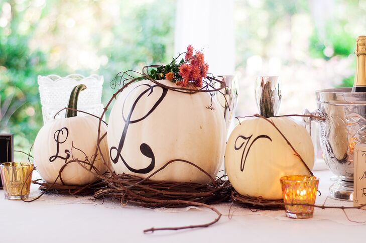 The October wedding was accented with in-season flowers and pumpkins in blue and white.