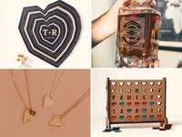 Collage of 4 personalized anniversary gifts, including necklaces, a whiskey decanter, a custom game, and wall art. 