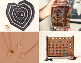 Collage of 4 personalized anniversary gifts, including necklaces, a whiskey decanter, a custom game, and wall art. 