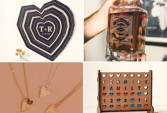 Collage of 4 personalized anniversary gifts, including necklaces, a whiskey decanter, a custom game, and wall art. 