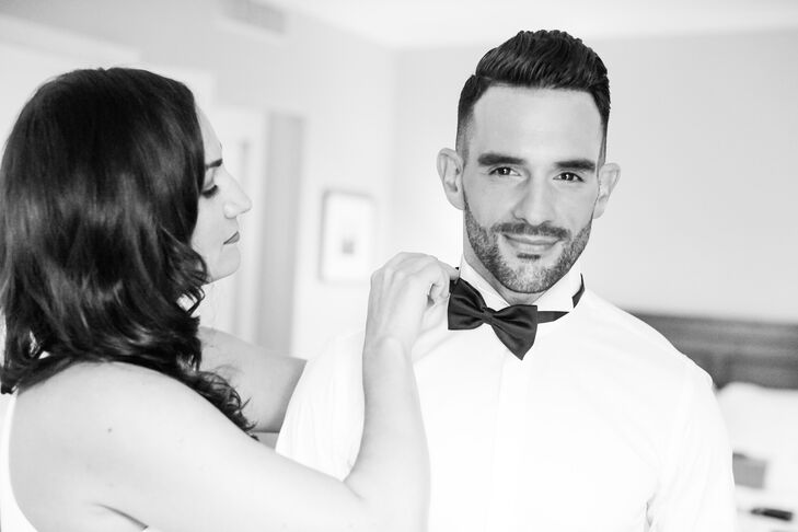 Patrick and Renato both wore blue-hued tuxedos by Ermenegildo Zegna. Their navy bow ties matched their tuxedos' silky lapels.