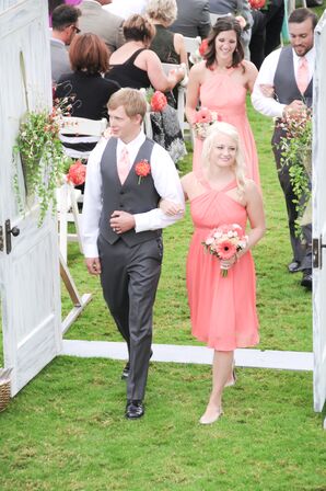 Coral Bridesmaids Dresses and Gray Groomsmen Attire