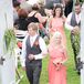 Coral Bridesmaids Dresses and Gray Groomsmen Attire