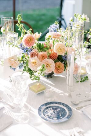 Dining Table With White Linens, Low Pastel Centerpiece, Taper Candles, Blue China Saucers