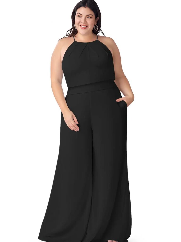 Pleated chiffon jumpsuit in black from Azazie 