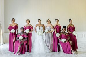 Bride in Fitted Gown With Her Mom in Silver and Bridesmaids in Fuchsia