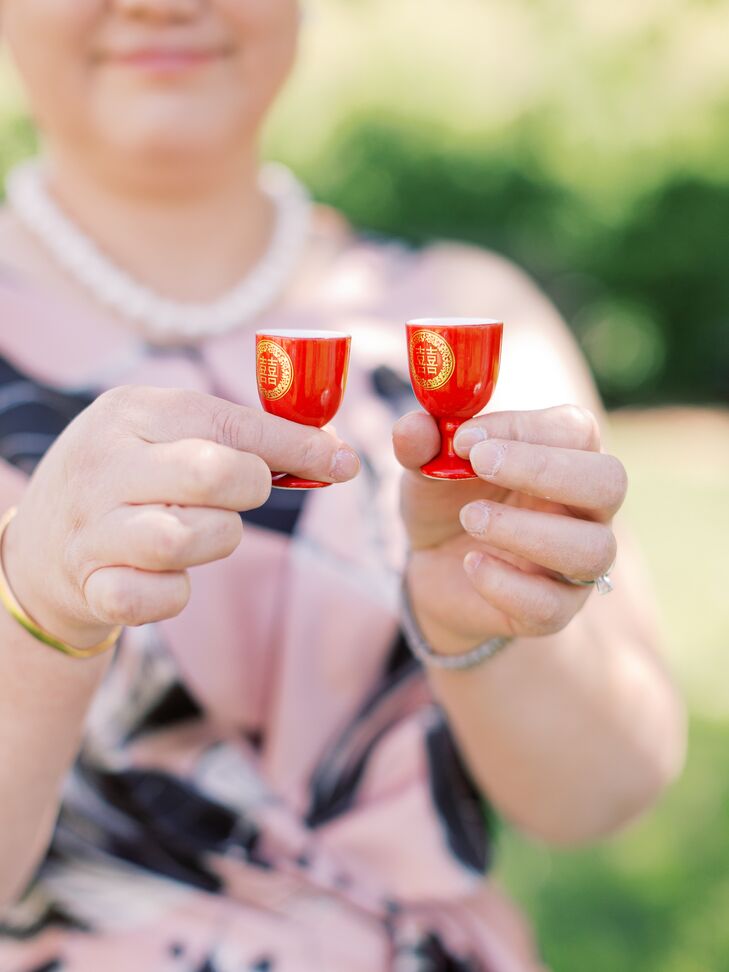 Chinese Shot Glasses Filled With Tequila for First Look Unity Ceremony