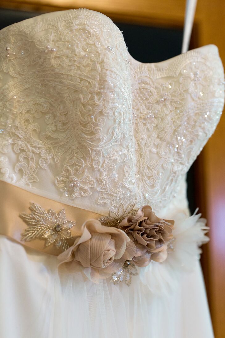 Katelyn's intricately beaded gown and an embellished champagne sash inspired a bohemian feel for the day's decor. "The dress set the tone for the entire wedding," she says.