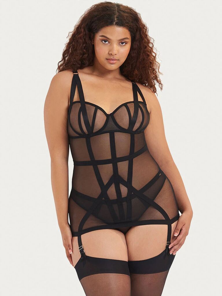 Strappy black mesh honeymoon basque