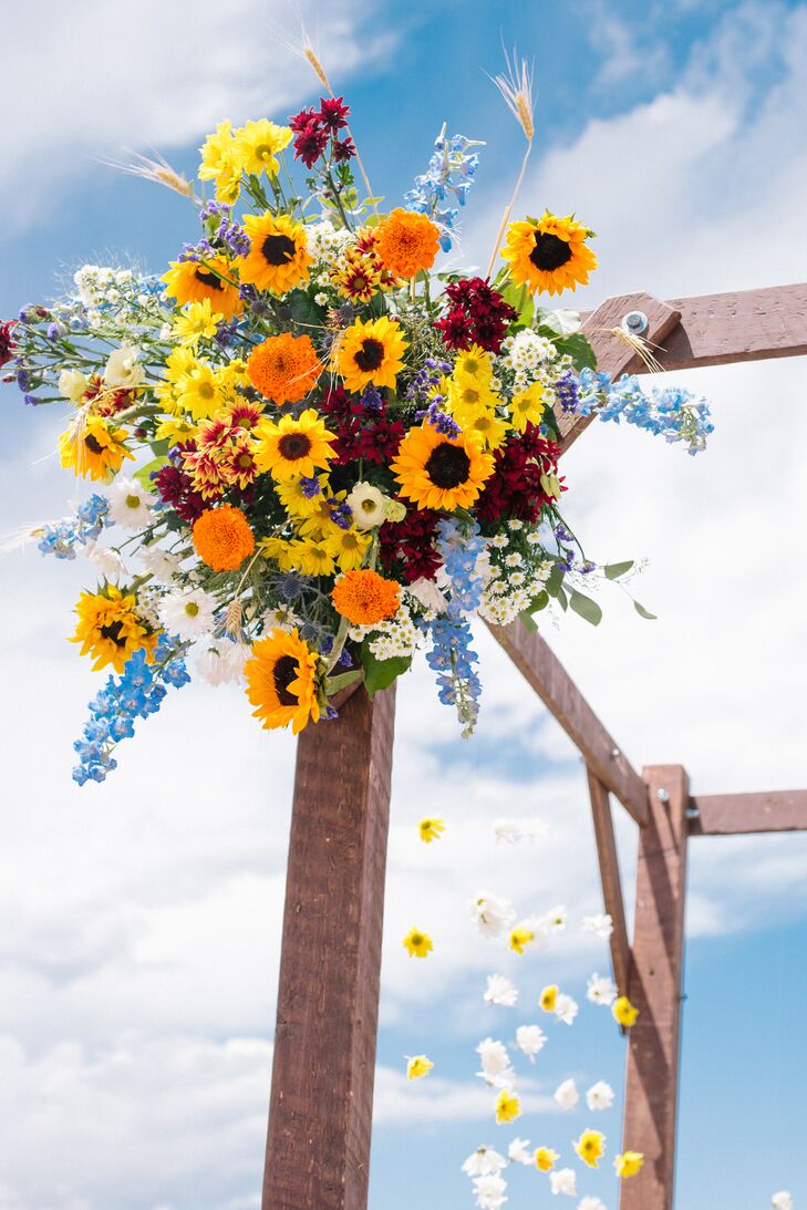 Rustic Mandap with Colorful Sunflowers, Baby's Breath and Marigolds