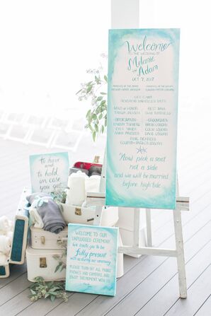 Watercolor Welcome Sign with Ocean Illustration and Blanket Favors
