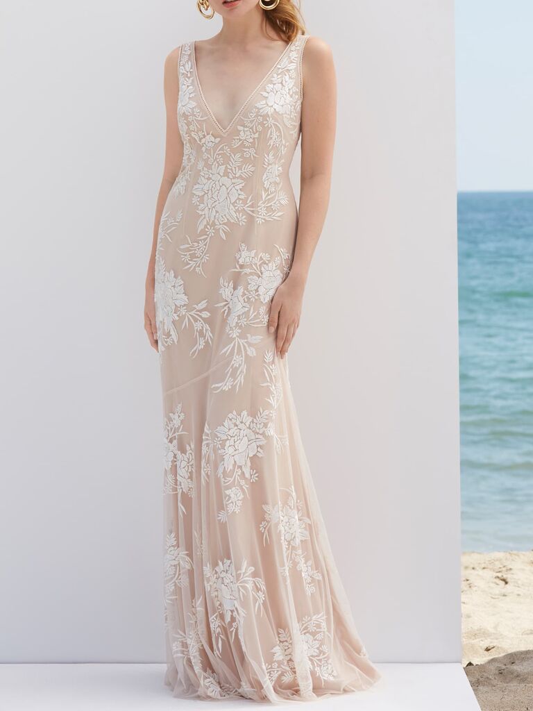 Watters V-neck embroidered trumpet wedding dress