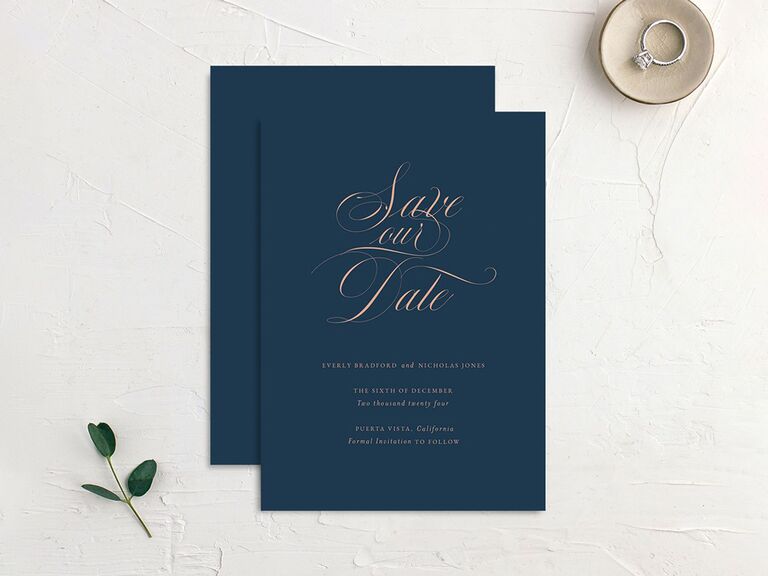 the knot navy and gold exquisite calligraphy simple save the date card with script
