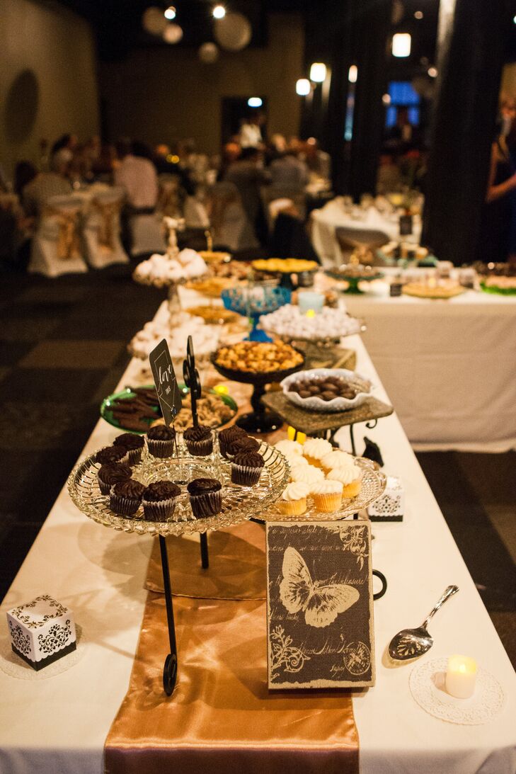 "For dessert, we had a dessert bar that was set up beautifully with all our favorites, from chocolate-dipped macaroons to mini cupcakes to candies made in my hometown," Laura says.