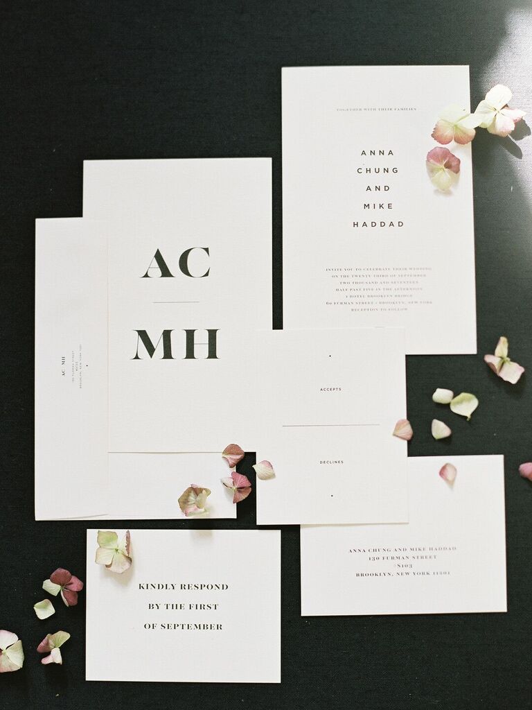 modern minimalist wedding invitations with black block text against white background