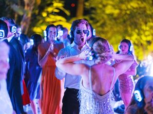 Groom and Guests With Headphones on, Dancing at Silent Disco Wedding Reception