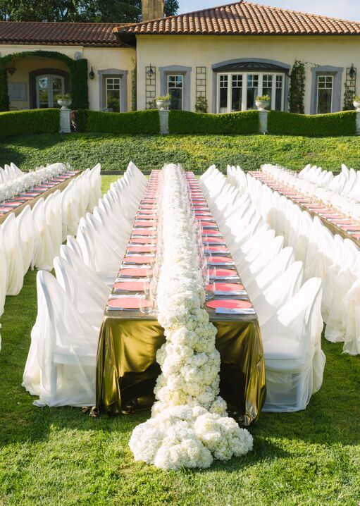 White hydrangea reception table runner