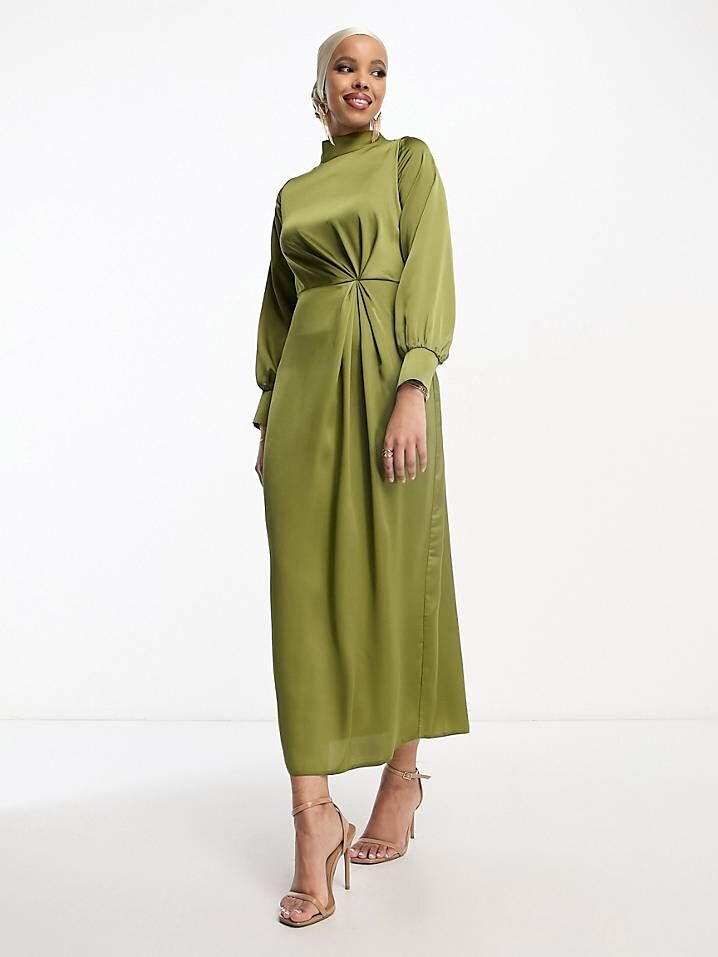 An olive green maxi dress with long cuffed sleeves, a high neckline, and ruched detail at the waist from ASOS