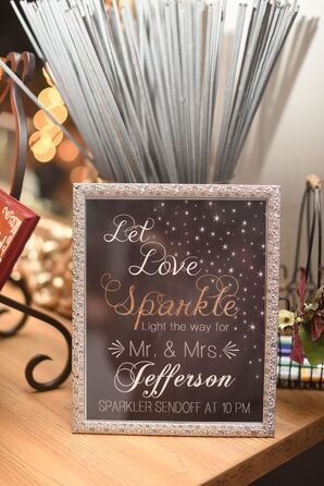 Black Sign with Sparklers for Reception Exit